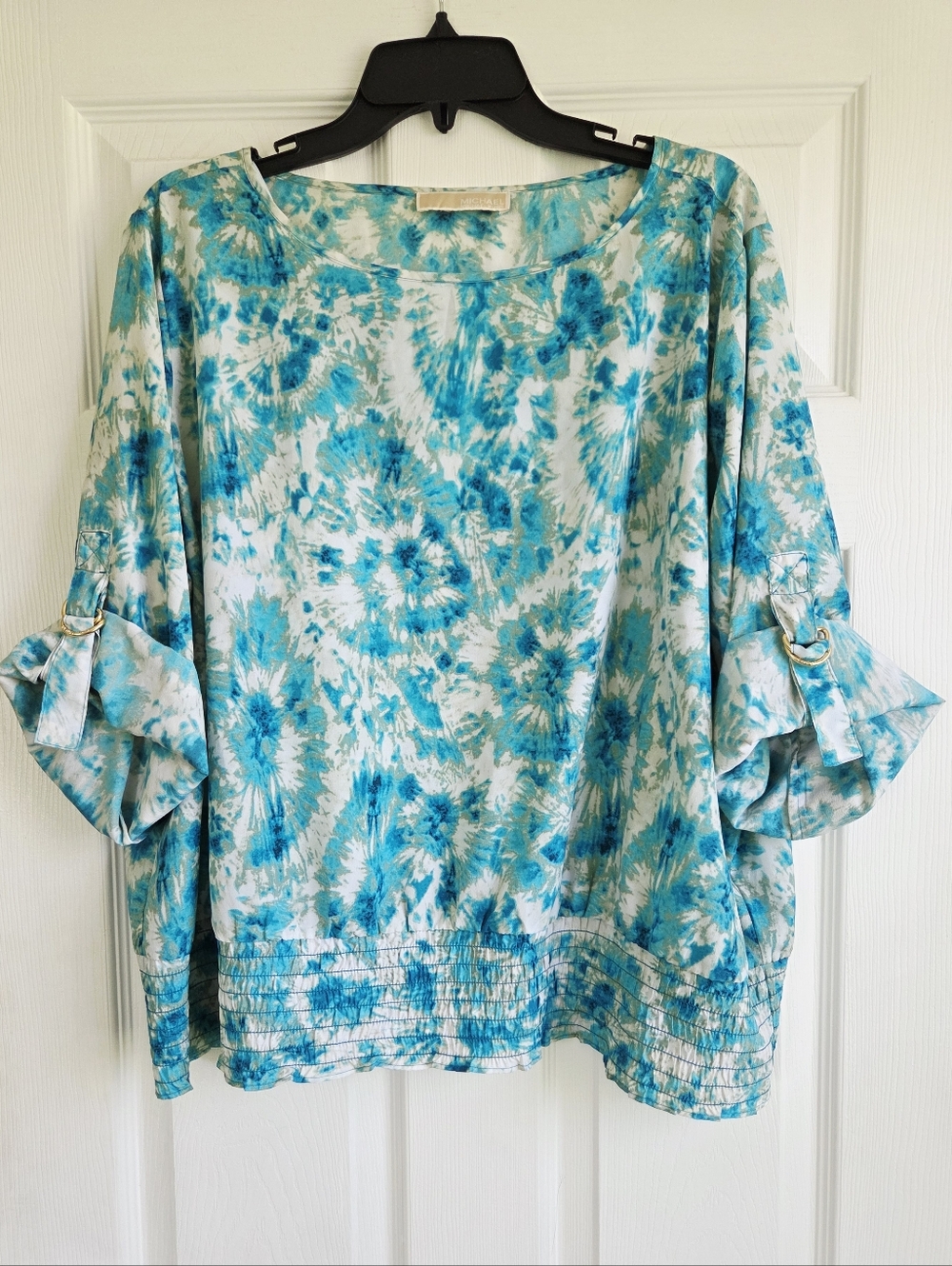 Michael Kors ✨️ Tie-Dye Blue Green Women's Roll-Sleeve Blouse Size XL